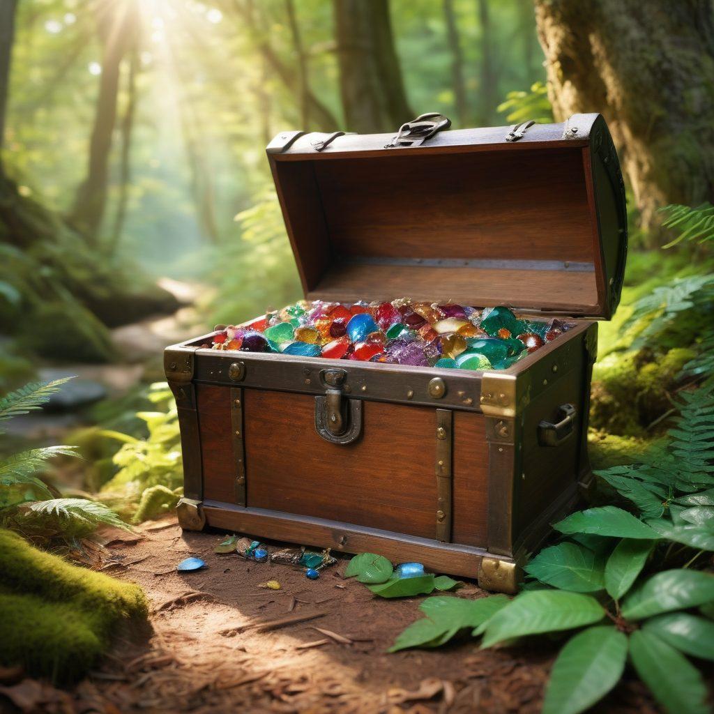 A mystical treasure chest overflowing with vibrant jewels and ancient artifacts set against a serene woodland backdrop. The surroundings should evoke a sense of enchantment, with soft sunlight filtering through lush green leaves, revealing hidden paths and secrets waiting to be discovered. A sense of bliss and wonder should permeate the scene, inviting viewers to unlock their own extraordinary treasures. super-realistic. vibrant colors. natural light.