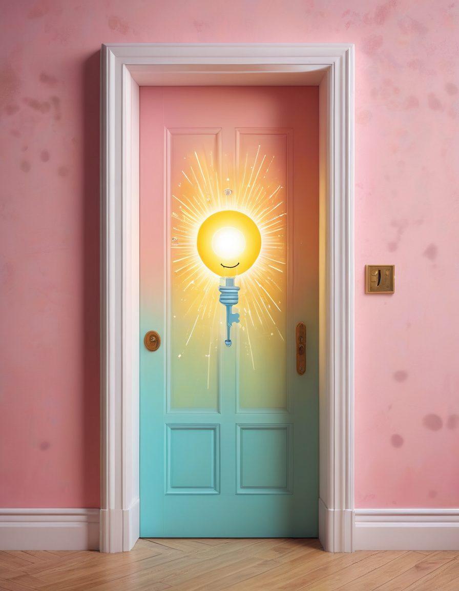 A vibrant key unlocking a glowing door, revealing a bright space filled with symbols of knowledge and positivity like uplifting quotes, lightbulbs, and smiley faces. The background is filled with soft pastel colors, creating a sense of warmth and hope. Stylized rays of light emanate from the door, suggesting a journey to exclusive insights and bright experiences. super-realistic. vibrant colors. soft pastels.