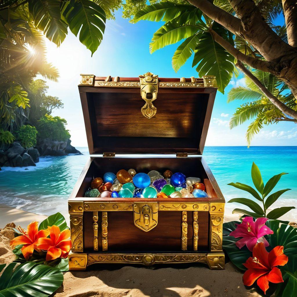 A vibrant treasure chest overflowing with sparkling gems and artifacts, nestled under a lush tropical canopy. Sunlight filters through the leaves, casting a golden glow on the scene, symbolizing the joy of discovery. In the background, a serene beach with gentle waves and azure skies enhances the blissful atmosphere. Include subtle hints of spiritual symbols and nature, representing a journey of self-discovery. ultra-realistic. vibrant colors. tranquil vibe.